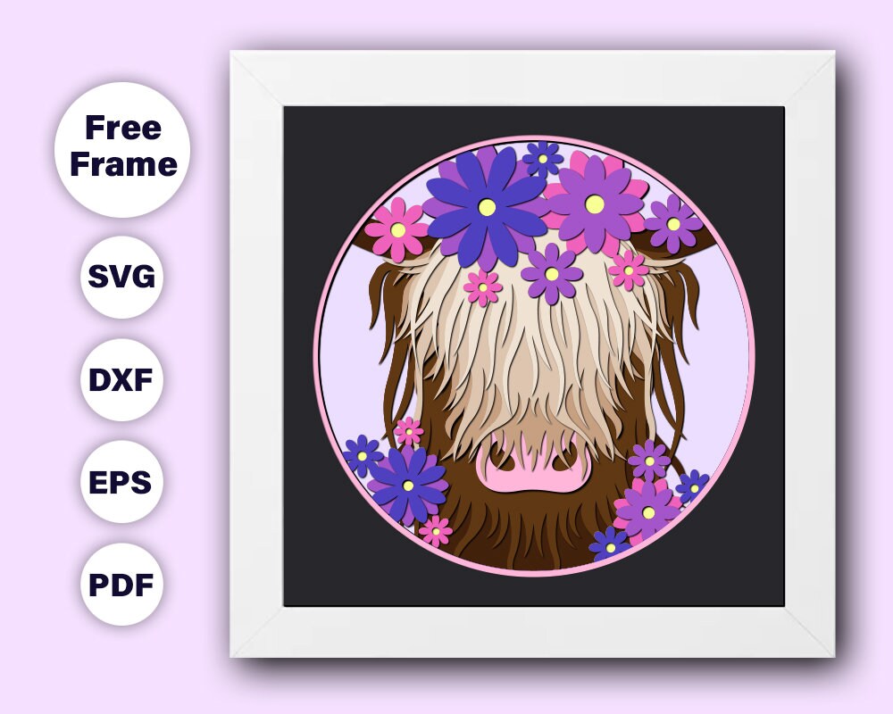 3d highland cow shadow box svg dxf eps instant download digital files for cricut cut file, 3d cut file, shadow box svg cut files, free frame