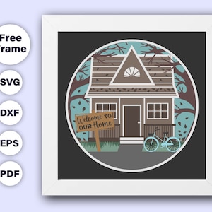 Shadow Box maison 3D, bienvenue dans notre maison shadow box svg, fichiers cartonnés Svg coupe, fichier numérique téléchargement immédiat, 3DCutFiles