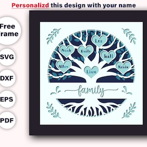 Caixa de sombra personalizável em formato de árvore genealógica 3D SVG, caixa de sombra com nome personalizado, presente perfeito para aniversário, dia das mães, árvore genealógica, arquivos Cricut 3D