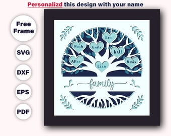 Customizable 3D FAMILY Tree Shadow Box svg, Custom Name Shadow box, Perfect Gift for Anniversary, Mother&#39;s Day, Family Tree, 3d Cricut Files