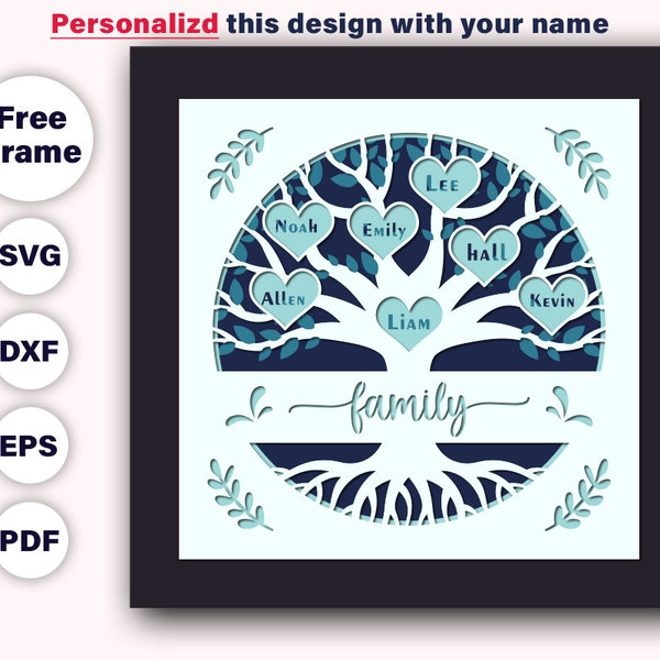 Arbre généalogique 3D personnalisable Shadow Box svg, nom personnalisé Shadow box, cadeau parfait pour un anniversaire, fête des mères, arbre généalogique, fichiers Cricut 3D