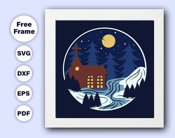 3D Starry Night Shadow Box SVG: Multilayer Paper Cut File (8x8)