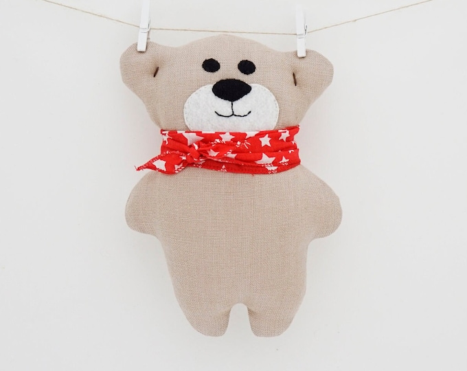 Linen Bear Doll with Charming Cotton Scarf - Handmade Linen Toy - Gift for Newborn - Newborn Photo Prop