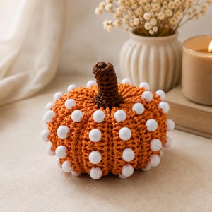May include: A crocheted pumpkin in a vibrant orange yarn, featuring a dark brown stem and numerous white spherical beads attached to the exterior ridges. The pumpkin has a textured, ribbed appearance created by the crochet stitches and beads.