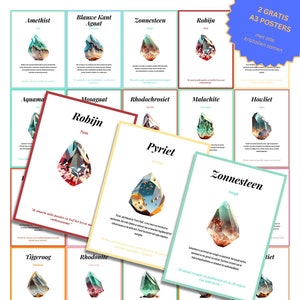 50 kristallen betekeniskaarten, afdrukbare kristallen kaarten met betekenis en kracht van stenen, 2 PÓSTERS A3 GRATIS (tamaño holandés)