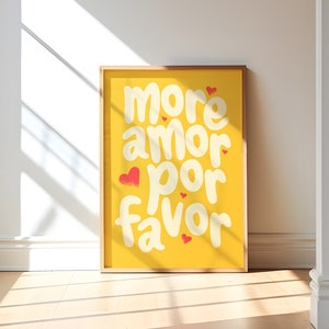 Meer Amor Por Favor Gele Maximalistische muurkunst - Grote Pastelkleur Eclectische print - Dopamine Decor Love Quote poster, instant download