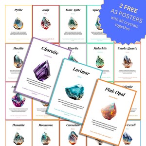 50 kristallen betekeniskaarten, afdrukbare kristallen kaarten met betekenis en kracht van stenen, 2 CARTELES A3 GRATIS, DESCARGA instantánea