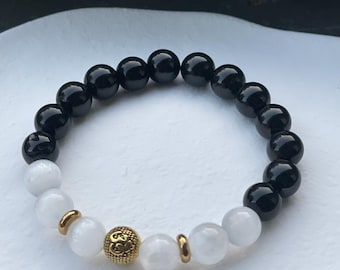 Protection Bracelet, Black Tourmaline & Selenite Crystal Bracelet Gold Om