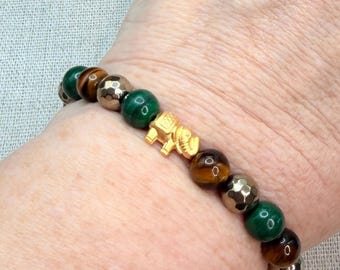 Glücks Elefant Fülle Armband Symbolische Reichtum Manifestation Pyrit Malachit Tigerauge