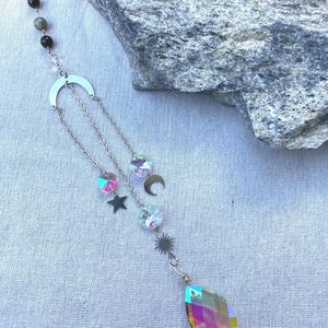 Moon Crystal Suncatcher Rearview Mirror Charm Wire Wrapped Glass Beads Witchy Car Decor Light Catcher for Her Boho Car Accessory