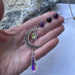 Moon Crystal Suncatcher Rearview Mirror Charm Wire Wrapped Glass Beads Witchy Car Decor Light Catcher for Her Boho Car Accessory