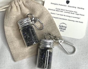 Protection Spell Jar Keychain, Crystal Vial for Energy Clearing, Black Tourmaline Sanctuary Shield