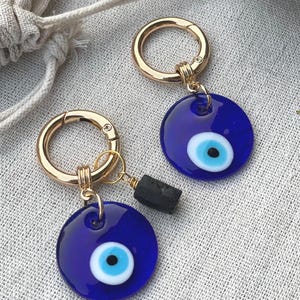 Evil Eye & Black Tourmaline Bag Charm, Crystal Keychain for Grounding, Emotional Boundaries Gift for Stress Protection Intention