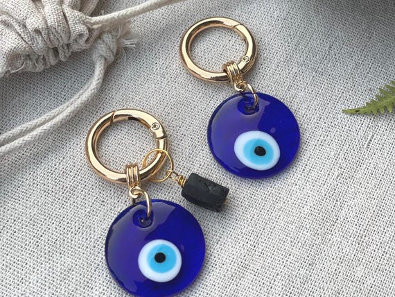 Evil Eye Black Tourmaline Keychain, Protection Grounding Crystal Bag Charm