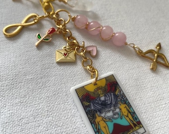 The Lovers Tarot Card Keychain Rose Quartz Crystal