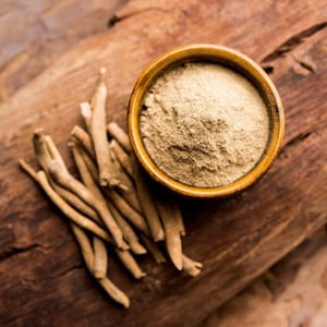Peut inclure: Un bol en bois rempli d'une poudre brun clair est posé sur une surface en bois, à côté d'une pile de racines séchées brun clair. Le bol a un bord brun foncé et un intérieur brun clair. Les racines sont longues et fines.
