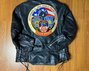 Baron Vintage Leather  Motorcycle Jacket with 9/11 Crest Size Medium