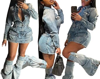 3-Piece Washed Denim Dress Set With Trouser Foots
