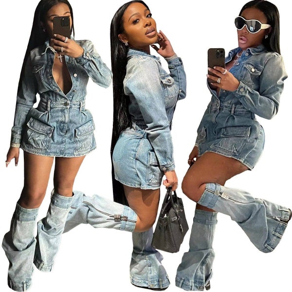 3-Piece Washed Denim Dress Set With Trouser Foots