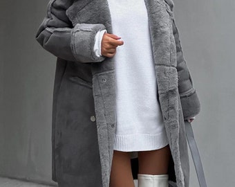 Winter  Suede Fur Collar Plush Long Coat