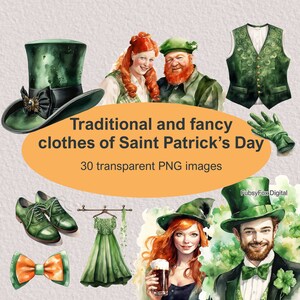 May include: A set of 30 digital illustrations of traditional and fancy clothing for Saint Patrick's Day. The illustrations include hats, dresses, vests, shoes, and bow ties in green, black, and orange.