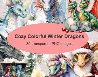 30 Colourful Watercolour Dragons Clipart, Dragon PNG, Dragon Clipart, Watercolor Clipart, Dragon Fantasy Clipart, Commercial Use, Detailed