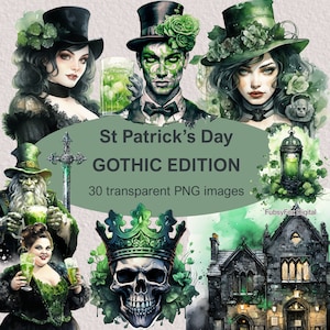 Bundle de cliparts gothiques aquarelle pour la Saint-Patrick, graphiques festifs, graphiques de la Saint-Patrick, fond transparent PNG, usage commercial