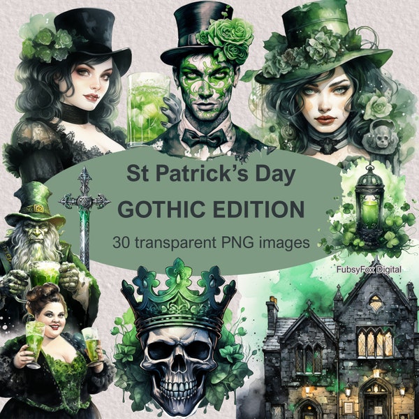 Saint Patrick's Day Watercolor Gothic Clipart bundle, festive graphics, St Patrick's graphics, PNG transparent background, Commercial use