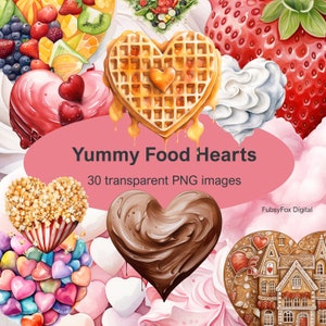 Watercolor Cute Valentines Yummy Food Hearts, 30 PNG Valentines Day Clipart, Valentines Candy Heart, Valentines Day Bundle, Commercial Use