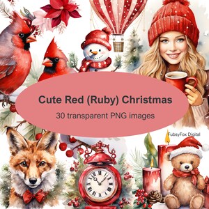 Digitalt Clipartpaket med röd rubin och julmotiv - Röda akvarell illustrationer - Julkonst - Kommersiellt bruk - Traditionell juldekoration