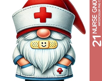 21 Watercolor Nurse Gnome Clipart: Graduation PNG Bundle