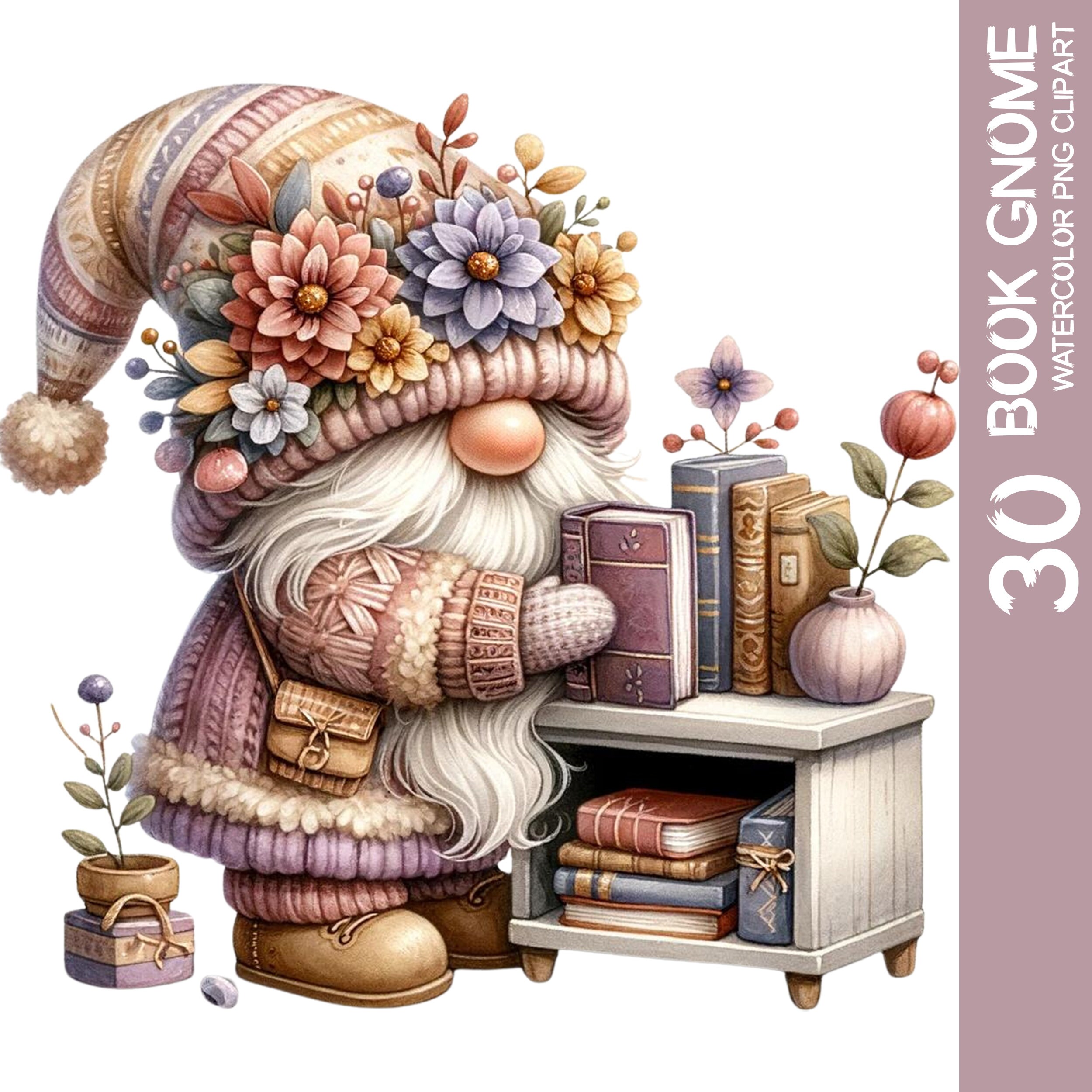 Watercolor Flower Book Gnome Clipart: Garden Nursery PNG (Digital Download)
