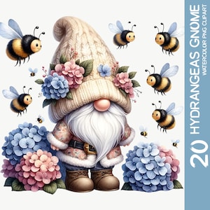 20 encantadoras hortensias de acuarela Gnome Clipart PNG Bundle - Delicia de jardín, Hortensias florecientes gnomo de flores, diseño de sublimación (1)