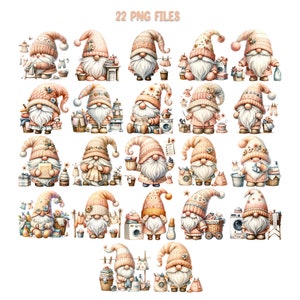 May include: 22 PNG files of cute gnomes in various poses, each with a different laundry-themed accessory. The gnomes are wearing pink and white hats and have white beards. The background is white.