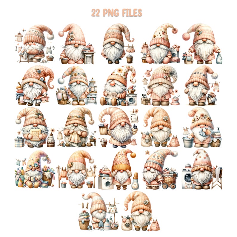 May include: 22 PNG files of cute gnomes in various poses, each with a different laundry-themed accessory. The gnomes are wearing pink and white hats and have white beards. The background is white.