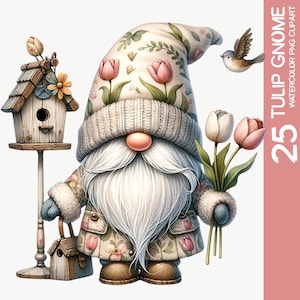 25 bezaubernde Aquarell Tulpe Gnome Clipart PNG Bündel - Garten Freude, Tulpe blühender Blumenzwerg, Sublimationsdesign (1)