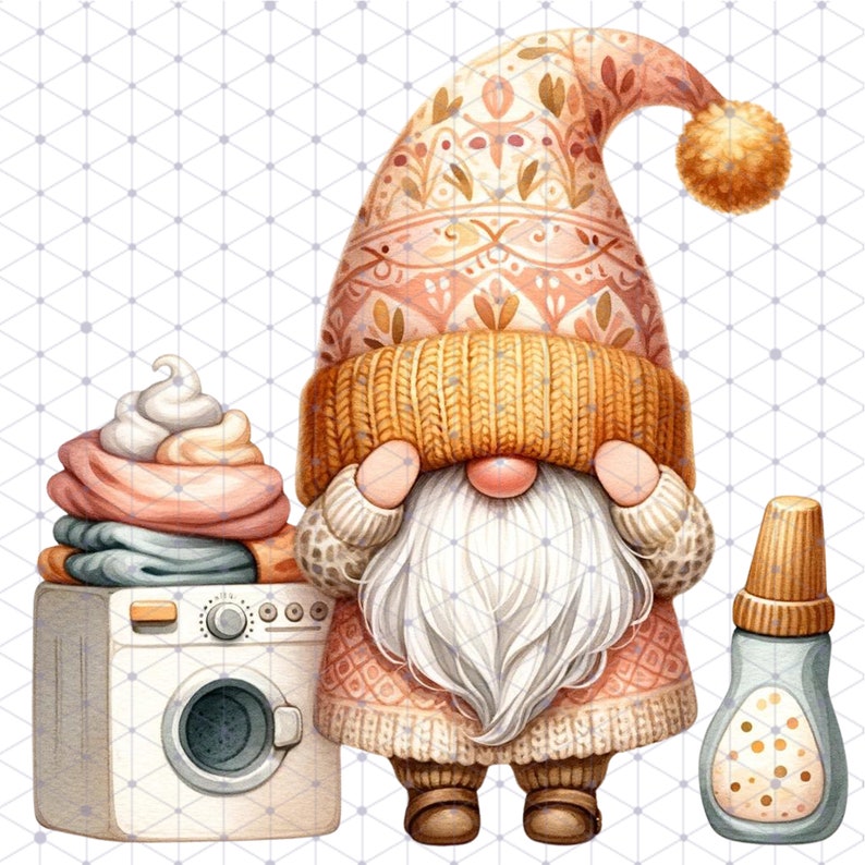 May include: A gnome wearing a pink and brown patterned hat with a yellow pom-pom, holding a bottle of laundry detergent. The gnome is standing next to a white washing machine with a pile of pink and blue clothes on top.