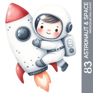 83 Clipart acquerello a tema astronauta e spazio, decorazioni per la cameretta dei bambini, grafica per feste di compleanno, adesivi per baby shower PNG, decorazioni per la cameretta dei bambini