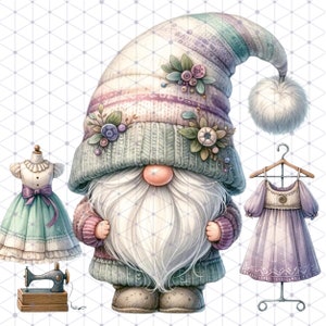 May include: A gnome wearing a purple and white knitted hat with floral embellishments and a white beard. The gnome is holding a sewing machine and there are two dresses on hangers in the background.