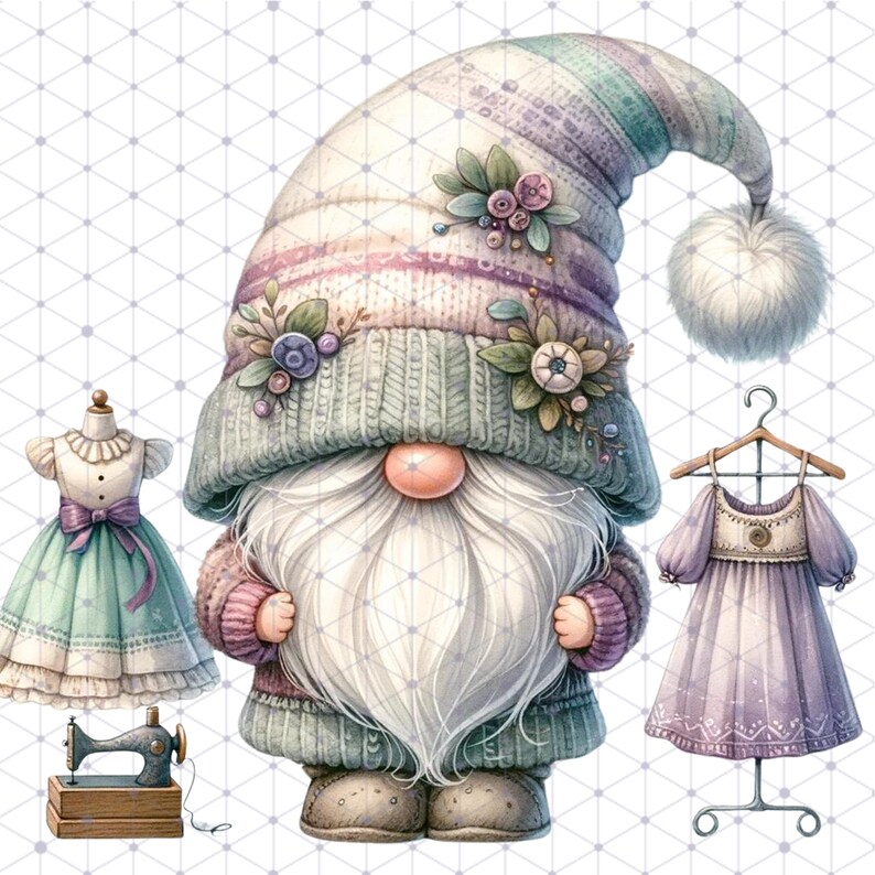 May include: A gnome wearing a purple and white knitted hat with floral embellishments and a white beard. The gnome is holding a sewing machine and there are two dresses on hangers in the background.