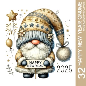 Paquete de 32 alegres gnomos de Año Nuevo 2025 PNG, clipart de gnomos de acuarela, diseño de sublimación de gnomos de Año Nuevo, arte mural festivo para Nochevieja