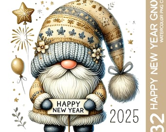 Watercolor New Year 2025 Gnome Clipart Bundle (PNG)