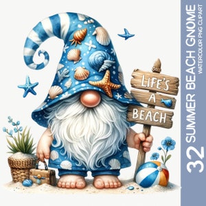 Paquete de 32 imágenes prediseñadas de gnomos de conchas marinas y estrellas de mar encantadas - Vivero de gnomos de playa de verano en acuarela, pegatina de arte de pared PNG, diseño de sublimación (1)