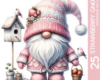 Watercolor Strawberry Gnomes Clipart Bundle: Summer Valentines PNG (Digital Download)