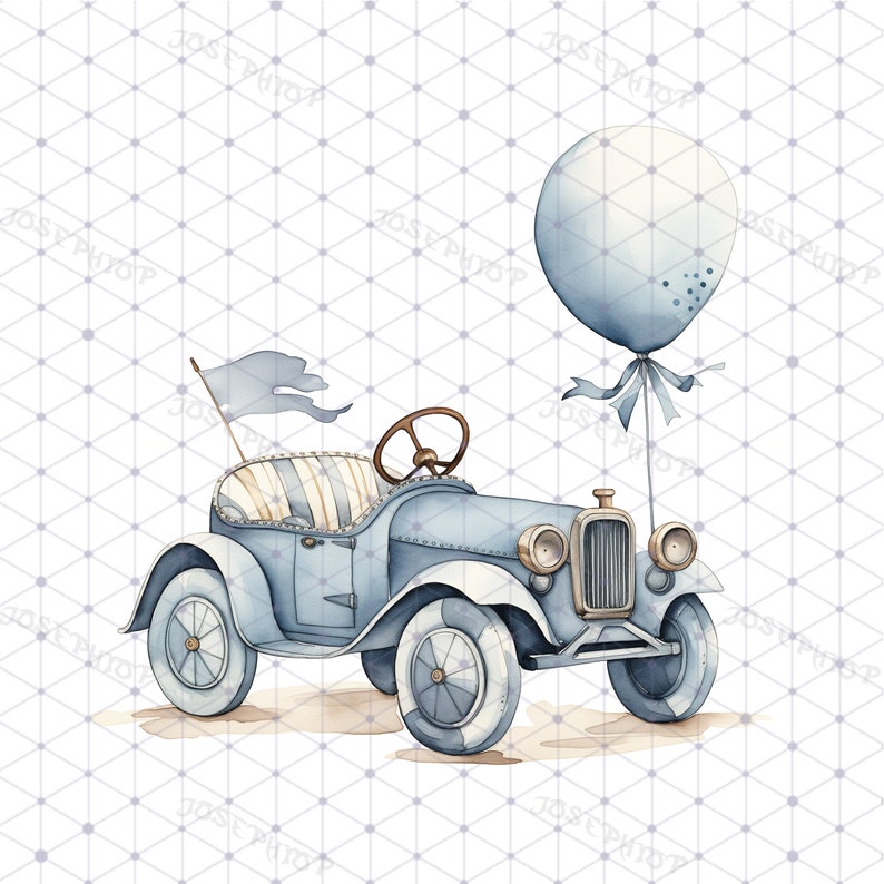Op de afbeelding: Een blauwe speelgoedauto met een wit-blauwe gestreepte stoel en een blauwe ballon die aan de achterkant is vastgemaakt. De auto heeft een vlag op de top en een stuurwiel.