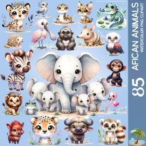 85 Afrikanische Wildtiere Aquarell Clipart Sammlung, PNG Format, Löwe, Elefant, Zebra, Baby Tiere Kunst, Kinderzimmer Tiere, Babyparty