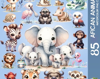 Clipart aquarel Afrikaanse dieren: collectie babydieren, png