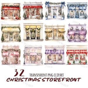 Clipart di vetrine di Natale dell'acquerello - 32 immagini PNG festive e accoglienti, grafica del negozio natalizio, download digitale istantaneo per uso commerciale
