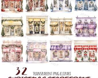 Watercolor Christmas Storefronts Clipart: 32 Festive PNG Images (Digital Download)
