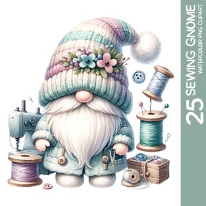 Bundle de 25 cliparts nain à coudre, nain mignon, illustration de couture aquarelle, graphismes bricolage artisanat de chambre d'enfant, art mural PNG, conception par sublimation